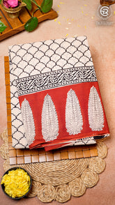 White and Red Geometric Floral Handblocked Pure Cotton Saree