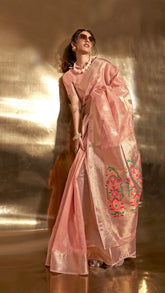 Peach Jamdani Kora Tissue Silk Saree