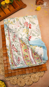 White & Blue Floral Handblocked Pure Georgette Saree