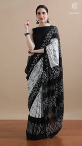White & Black Marble Contemporary Handblocked Pure Mul Cotton Saree