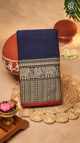 Navy Blue Elephant & Peacock Border Handloom Narayanpet Cotton Saree