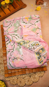 Pink & Yellow Floral Handblocked Pure Georgette Saree
