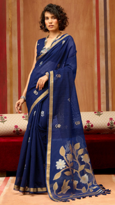 Navy Blue Gold Silver Floral Tussar Silk Saree