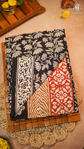 Black & White Floral Handblocked Pure Mul Cotton Saree