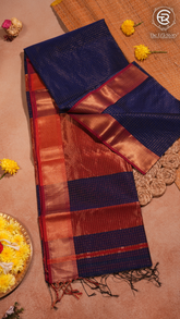 Royal Blue and Bronze Zari Checkered Handloom Pure Maheshwari Silk Saree