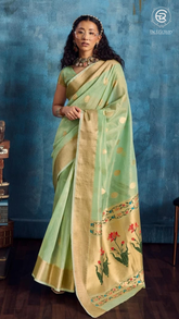 Pista Green & Gold Zari Floral Tissue Silk Saree