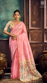 Pink & Gold Ikkat Floral Cotton Saree
