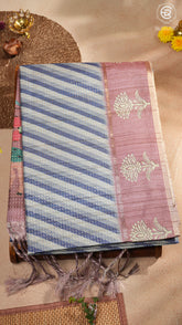 Beige Blue & Mauve Diagonal Kantha Matka Tussar Silk Saree