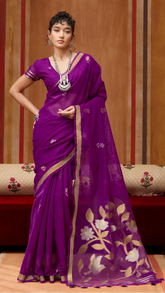 Purple Gold Silver Floral Tussar Silk Saree