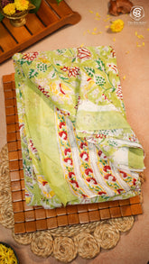Moss Green & Red Floral Handblocked Pure Georgette Saree