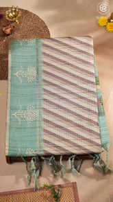 Beige Brown & Teal Blue Diagonal Kantha Matka Tussar Silk Saree