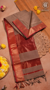 Mocha Brown and Bronze Zari Checkered Handloom Pure Maheshwari Silk Saree