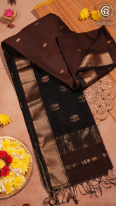 Brown and Black Lotus Butta Handloom Pure Maheshwari Silk Saree