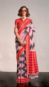 Pink and Red Ikkat Leheriya Handloom Weaving Cotton Banarasi Silk Saree