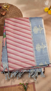 Beige Pink & Grey Blue Diagonal Kantha Matka Tussar Silk Saree