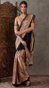 Black and Beige Ajrakh Satin Crepe Silk Saree