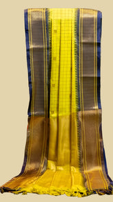 Pineapple Yellow and Blue Checked Pattern with Floral Butta Sico Gadwal Silk Saree