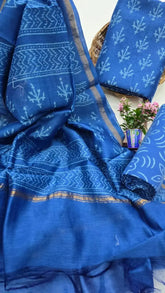 Steel Blue Chanderi Cotton Silk Floral Bagru Printed Salwar