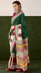 Green and Beige Ajrakh Hand Blocked Pure Cotton Saree