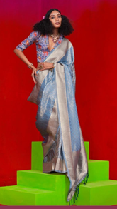 Blue Pure Viscose Zari Tissue Silk Saree