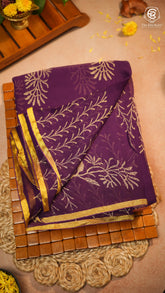 Purple Floral Handblocked Pure Double Chiffon Saree