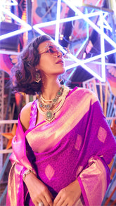 Purple Leaf Patterned Zari Weaved Banarasi Silk Saree