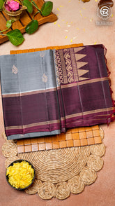 Pigeon Grey and Burgundy Handloom Pure Kanchipuram Silk Saree (Silk Mark Certified)