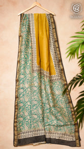 Yellow Green & Black Handblocked Maheshwari Silk Cotton Saree