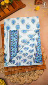 White & Blue Floral Handblocked Pure Mul Cotton Saree