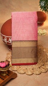 Peach Pink Temple Checked Border Handloom Narayanpet Cotton Saree
