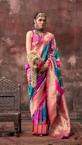 Magenta & Green Rangkat Zari Weaved Banarasi Silk Saree