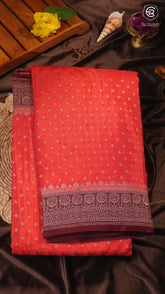 Peach & Brown Pure Crepe Chiffon Banarasi Silk Saree