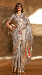 Grey Jamdani Kora Tissue Silk Saree