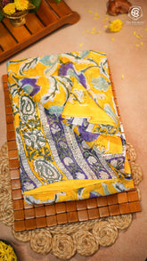 Yellow & Purple Vine Floral Handblocked Pure Georgette Saree