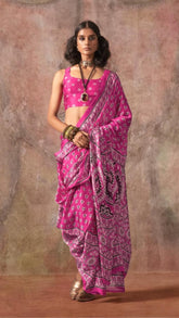 Pink Ajrakh Satin Georgette Silk Saree
