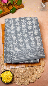 Grey Floral Handblocked Pure Cotton Saree