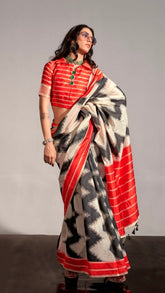 White and Red Ikkat Leheriya Handloom Weaving Cotton Banarasi Silk Saree