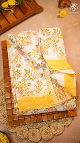 White & Yellow Floral Handblocked Pure Georgette Saree