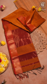 Rustic Orange and Bronze Zari Checkered Handloom Pure Maheshwari Silk Saree