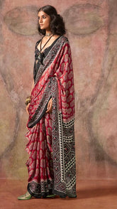 Red and Black Ajrakh Satin Georgette Silk Saree