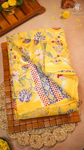Yellow & Blue Floral Vine Handblocked Pure Georgette Saree