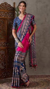 Pink and Blue Ajrakh Satin Crepe Silk Saree