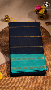 Navy Blue & Turquoise Handloom Sungadi Pure Cotton Saree