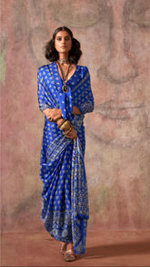 Blue Ajrakh Satin Georgette Silk Saree