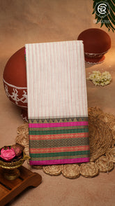 White Line Patterned Temple Border Handloom Narayanpet Cotton Saree