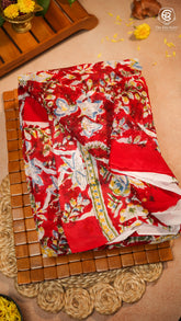 Maroon & Blue Floral Vine Handblocked Pure Georgette Saree