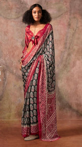 Black and Red Ajrakh Satin Georgette Silk Saree