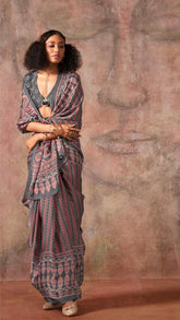 Black Ajrakh Satin Georgette Silk Saree