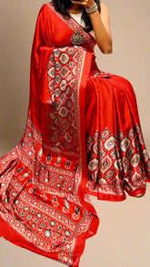Crimson Red Ajrakh Contemporary Satin Crepe Modal Silk Saree