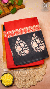 Red and Black Floral Handblocked Pure Cotton Saree